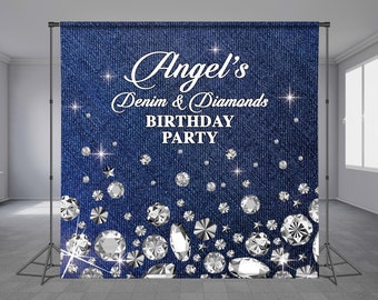 Diamonds and Denim, Step and Repeat, Custom Birthday Backdrop, Blue Jeans, Glitter, Luxury Background, Personalized Theme, Any Size Banner