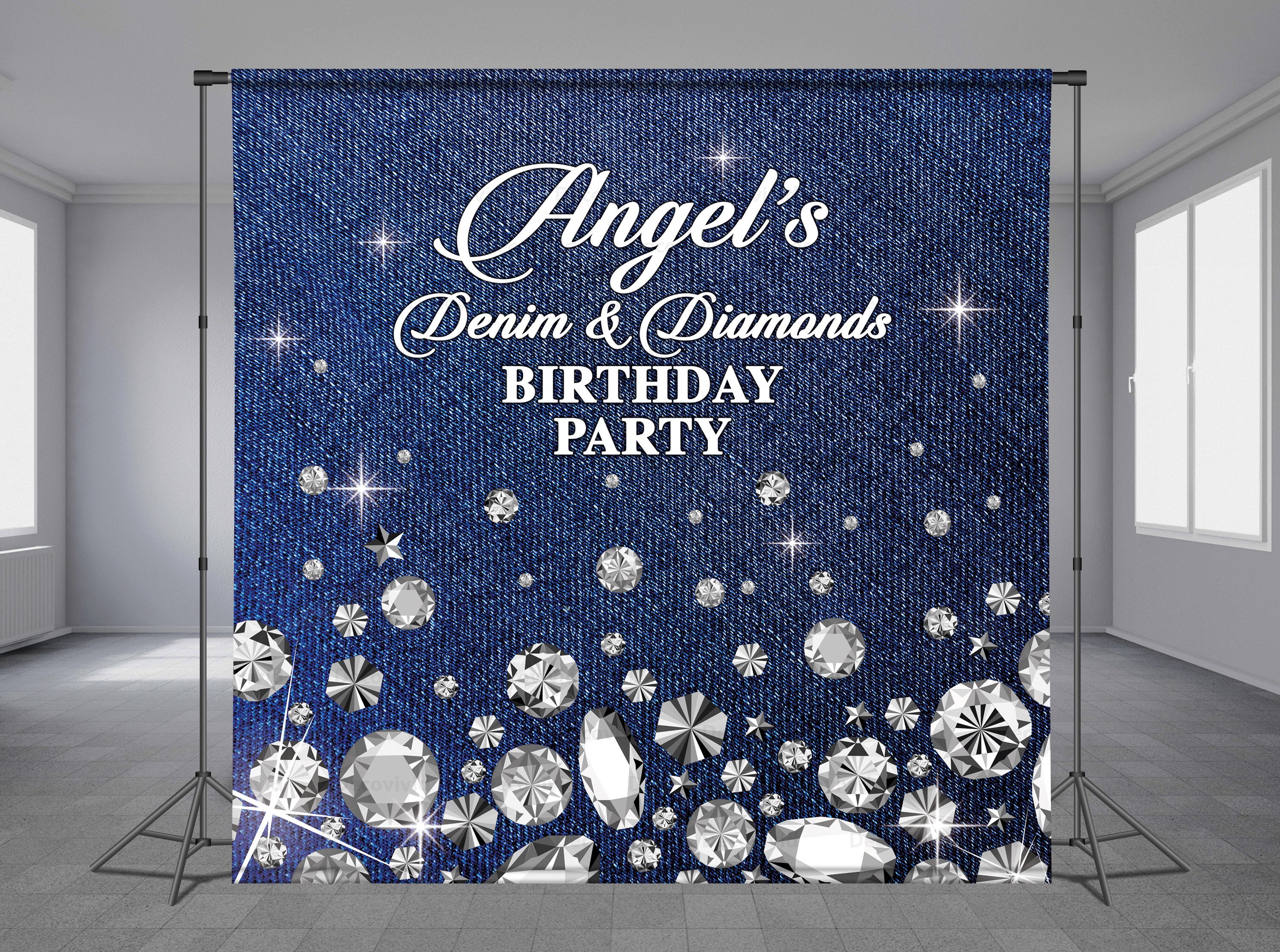 Diamonds and Denim Step and Repeat Custom Birthday Backdrop Blue Jeans Glitter Luxury Background Personalized Theme Any Size