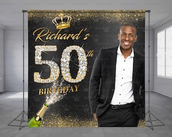 All Ages Diamond Birthday Backdrop, Photo Backdrop, King Backdrop, Black Background, Gold Crown, Legend, Myth, Man, Dad, Any Size Banner