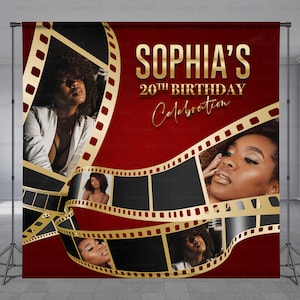 May include: Red backdrop with gold film strips and black film frames. The text "Sophia's 20th Birthday Celebration" is in gold lettering.