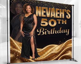 Black Gold Luxury Birthday, Backdrop, Glitters Sparkles Party, Personalized, Customized, Golden Background, Event Banner, Vinyl Banner