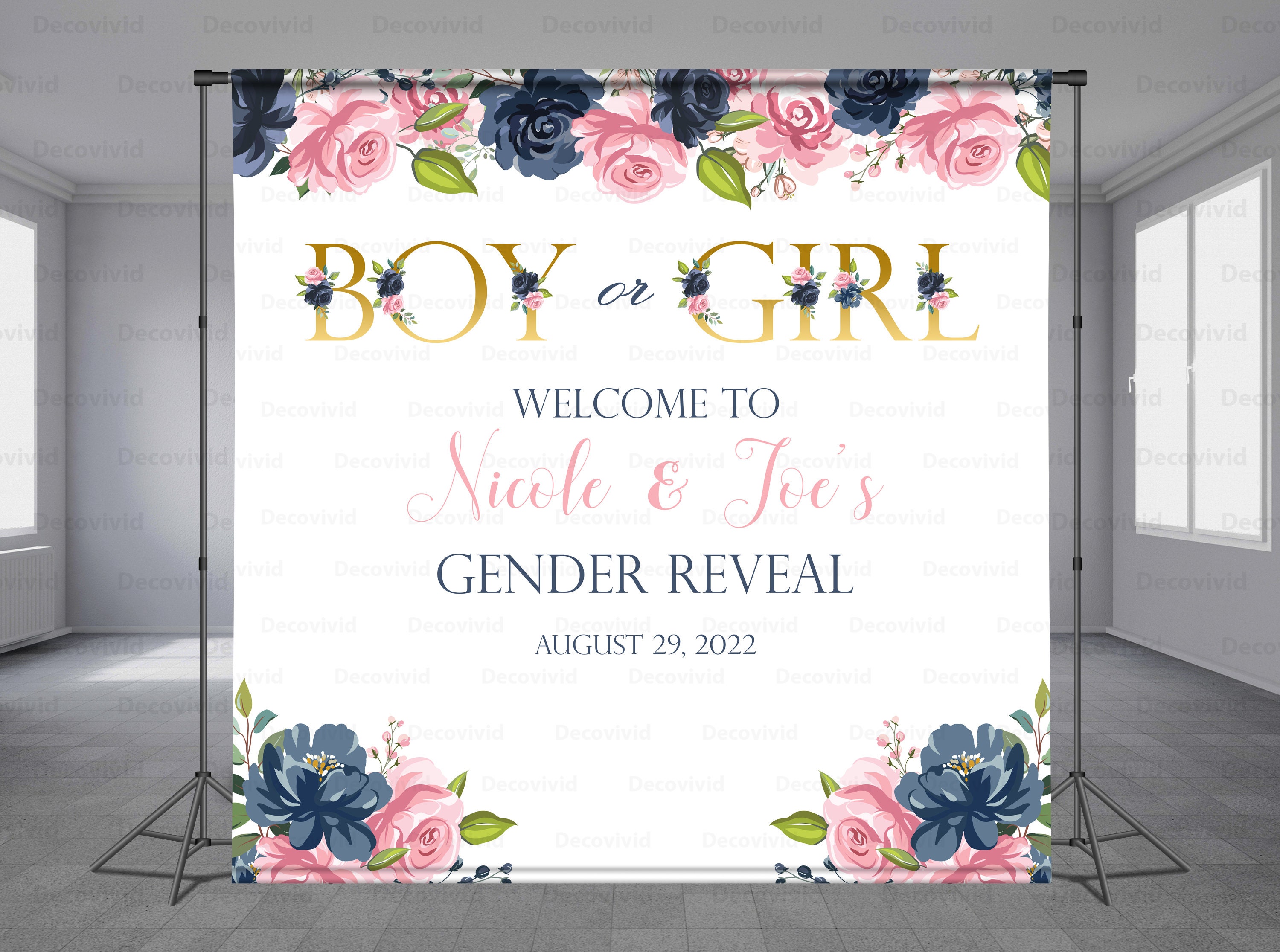 Pink Blue Flowers Gender Reveal Party Backdrop Boy or Girl Theme Any Size Banner He or She Personalized Banner Bouquet Birthday Banner