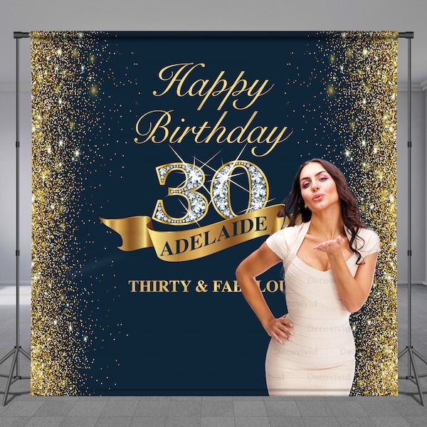 30th Birthday Backdrop, Gold Glitter, Bling Diamond Number, Dark Blue, 20th 40th 50th 60th, All Ages, Add Your Photo Free, Any Size Banner