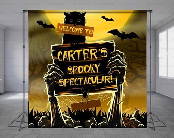 Halloween Photography Backdrop, Zombie Hands Rising Out of Ground Holding a Sign, Spooky Photo Prop for Halloween Events, Any Size Banner