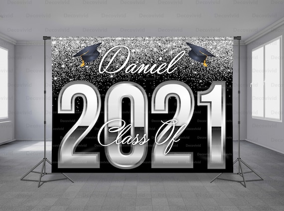 Any Size Banner Grad Photo Booth Step and Repeat Grad Sparkle Background Glitter Silver Custom Design Graduation Backdrop Prom Hat