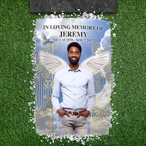 Funeral Grave Blanket, Memorial Grave Banner, Blue Sky Clouds, In Loving Memory Sign, Angel Wings, Dove Flying, Photo Booth, Custom Banner