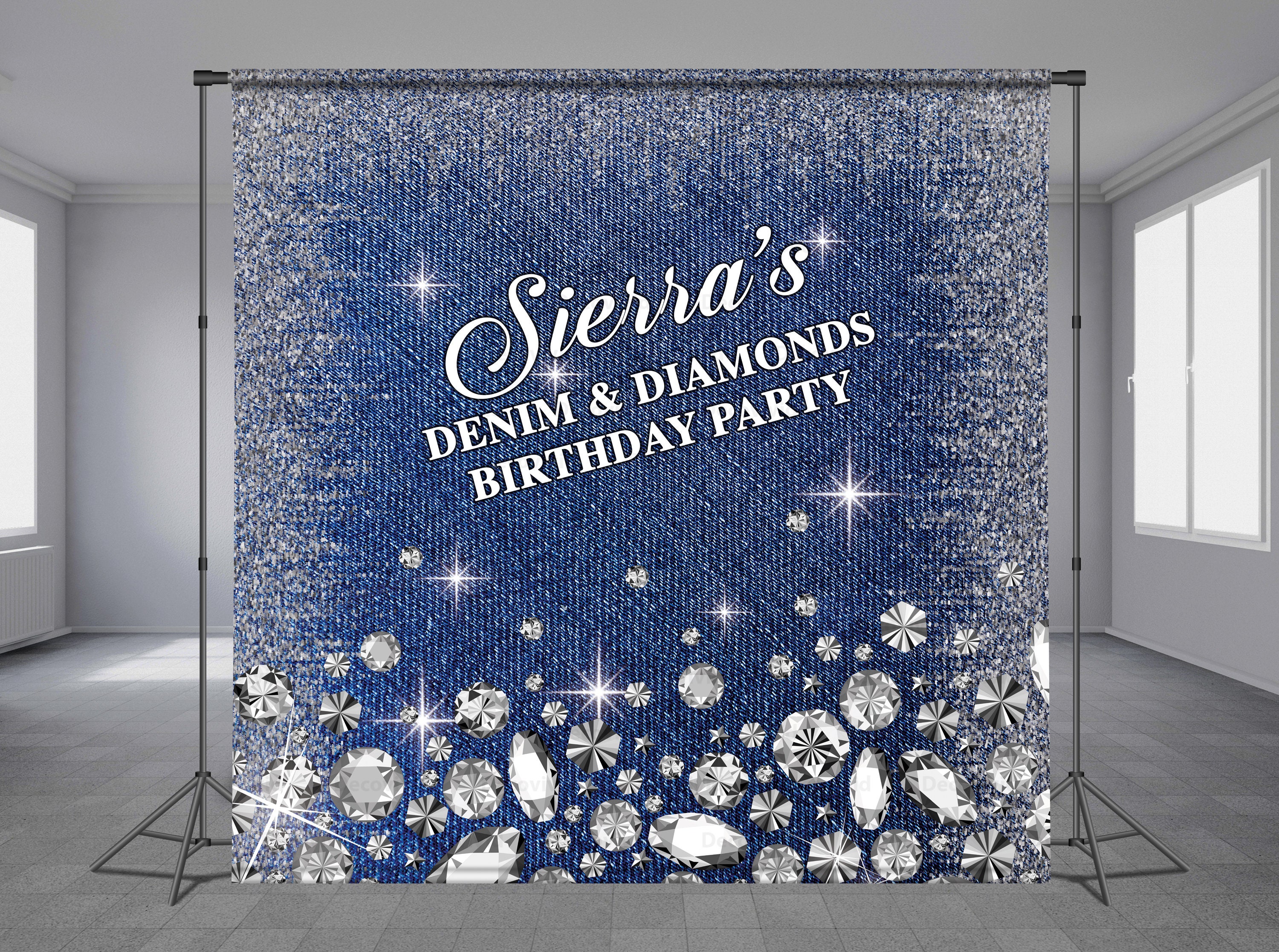 Denim and Diamonds Step and Repeat Birthday Backdrop Blue Jeans Shine Glitter Luxury Background Personalized Theme Any Size