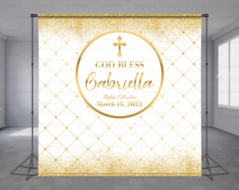 Golden Theme Baptism Backdrop, Christening Backdrop, Holy Baby Theme, God Bless, Communion, Religious Event, Gold Glitter, Any Size Banner