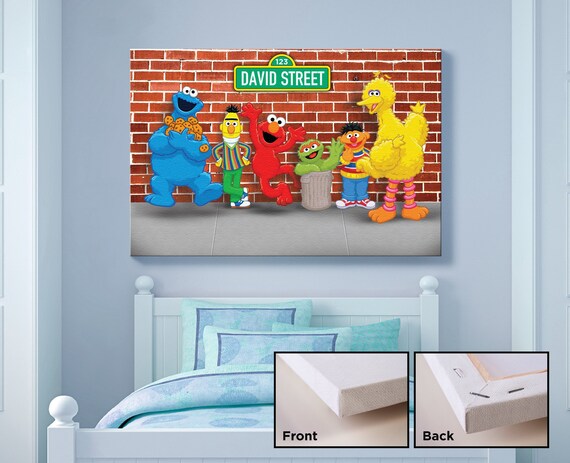 Sesame Street Mounted Canvas Print Kids Bedroom Wall Art Kids Gift Idea Wall Hanging Canvas Elmo Cookie Monster Brick Wall Theme