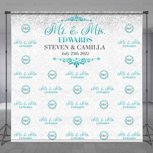 Wedding Backdrop, Step and Repeat, Mr and Mrs, Engagement Banner, Turquoise Embellishment, Photo Booth Background, Any Size Banner