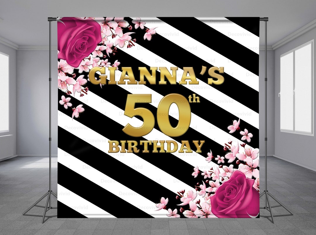 Flower 50th Birthday Backdrop Flowers and Leaves Black Line - Etsy