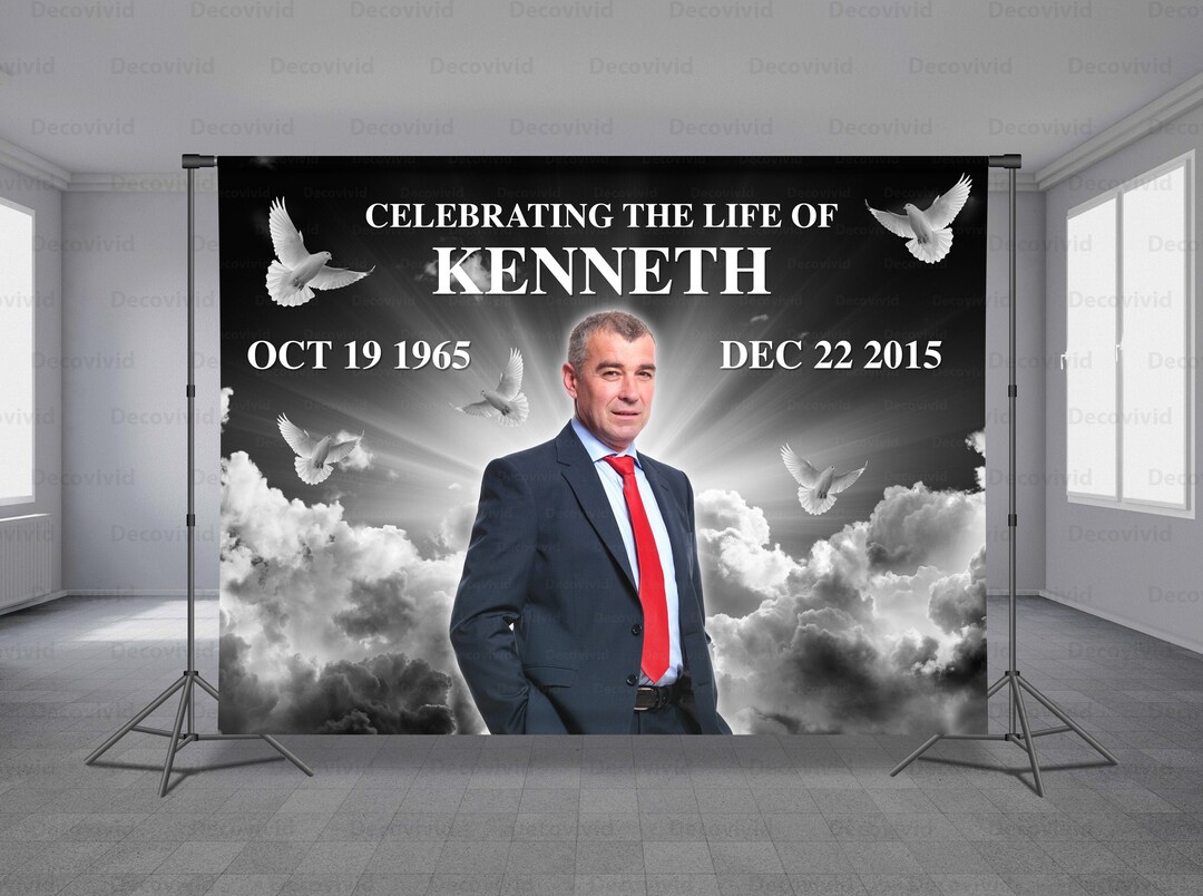 Memorial Backdrop Banner, Funeral Background, Blue Sky Clouds, Black