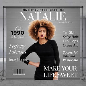 Magazine Cover Birthday Backdrop, Fashion Look, Customized Theme, Personalized Message, Editable words and Quotes and color, Any Size Banner