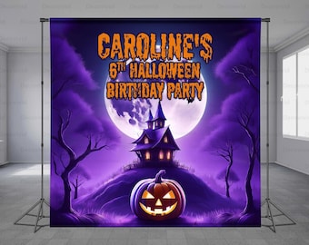 Purple Halloween Backdrop, Big Moon, Haunted House, Pumpkins, Spooky Night Sky Scene for Halloween Events and Photos, Any Size Banner