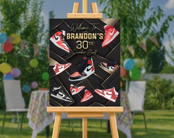 Sneaker Ball Birthday Welcome Sign, Custom Sneaker Gala, Welcome Message Board, Red Gold, Personalized, Poster Board, Printed on Foam Board