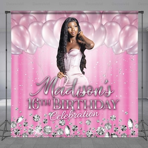 Sweet 16 Photo Backdrop, Birthday Backdrop, White Balloons, Diamond Design, Pink Background, Photo Booth, Add Photo Free, Any Size Banner