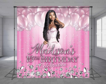 Sweet 16 Photo Backdrop, Birthday Backdrop, White Balloons, Diamond Design, Pink Background, Photo Booth, Add Photo Free, Any Size Banner