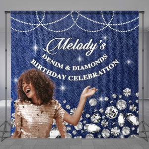 Denim and Diamonds, Step and Repeat, Custom Birthday Backdrop, Blue Jeans, Add Photo, Luxury Background, Personalized Theme, Any Size Banner