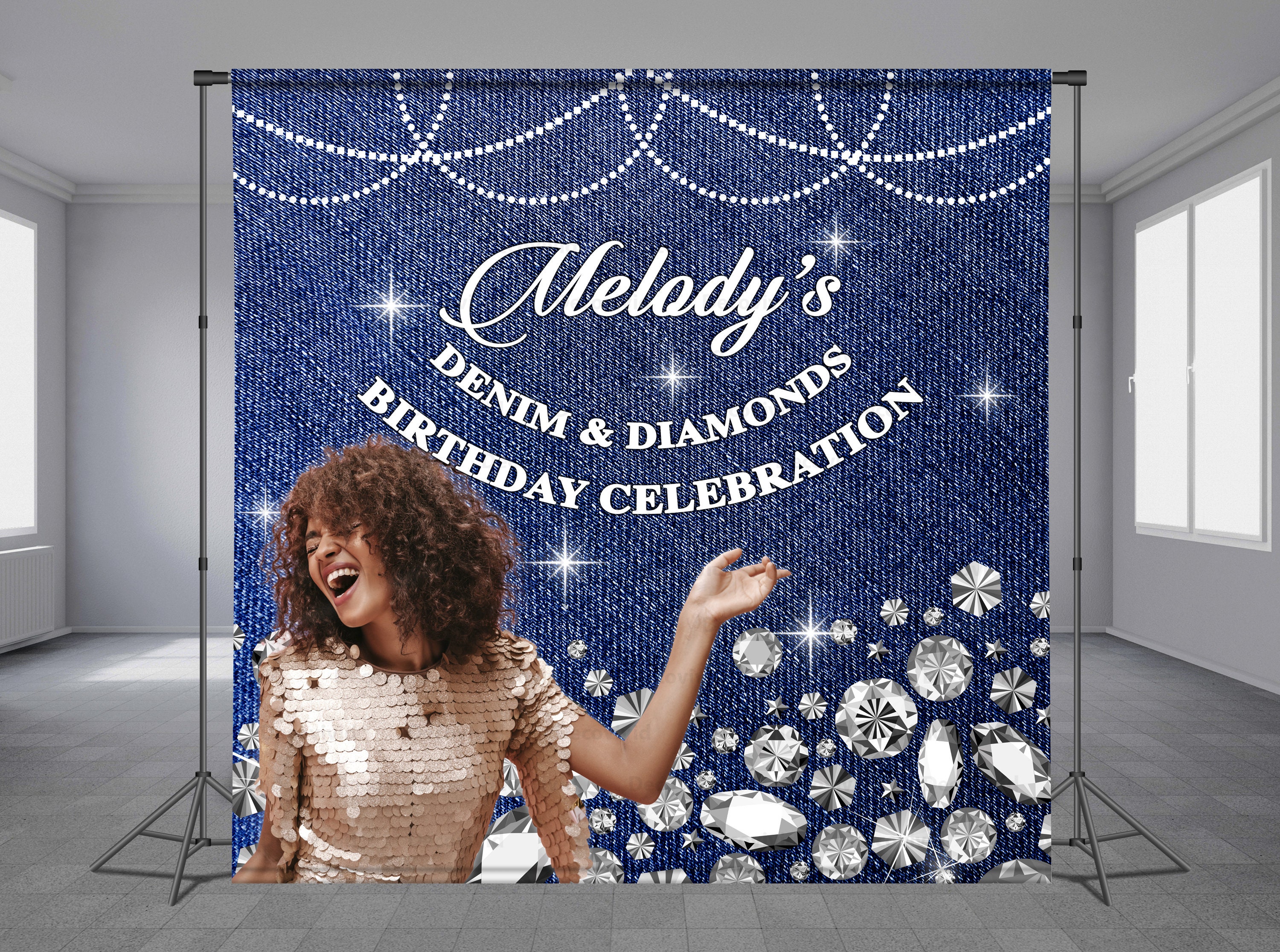 Denim and Diamonds Step and Repeat Custom Birthday Backdrop Blue Jeans Add Photo Luxury Background Personalized Theme Any