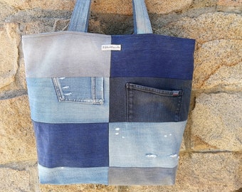 Patchwork denim draagtas gemaakt van gerecyclede jeans, strand- en boodschappentas gemaakt van hergebruikte stof met rits en binnenvakken, handgemaakte jeanstas