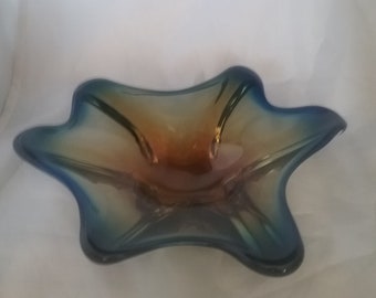 Vintage Italian Murano Art Glass Bowl in a Gorgeous Cobalt blue and Honey Gold,Mid-Century Modern Free Form