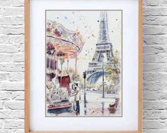 Paris carousel sketch Eiffel tower watercolor painting original art France wall art Cityscape artwork Romantic gift for spouse