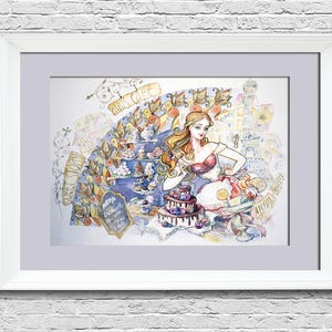 Retro Paris Café Aquarell Malerei Romantische Mädchen Originalkunst Frankreich Wandkunst Kuchenkunstwerk Ornament Jugendstil Geschenk für Frau