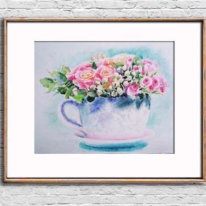 Dipinto ad acquerello di rose, bouquet in una tazza originale, fiori rosa, decorazione murale, opera d'arte floreale in tazza da tè, arredamento turchese per ufficio, regalo per la mamma