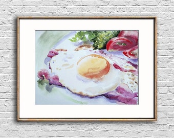 Fried egg bacon watercolor painting Breakfast original art Food wall art Kitchen cafe restaurant artwork gift