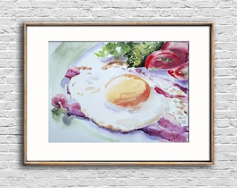Fried egg bacon watercolor painting Breakfast original art Food wall art Kitchen cafe restaurant artwork chef gift