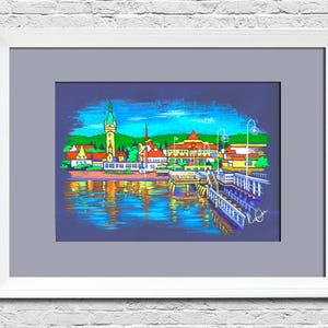 Blue cityscape painting Coastal town gouache original art Red roofs landscape wall art Architecture artwork Travel wall decor Birthday gift