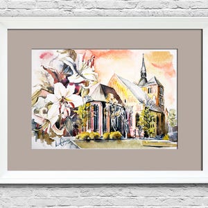 Vecchia chiesa acquerello dipinto Lily arte originale Architettura arte murale Opera d'arte retrò Dipinto grigio rosa Regalo dei genitori Arte ucraina