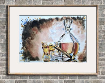 Whiskey watercolor painting Cigar original art Glass alcohol wall art Decanter drink artwork Pub bar club Male decor gift for boss