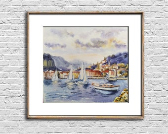 Coastal town watercolor painting Sailboats original art Seascape wall art Nautical artwork Housewarming gift