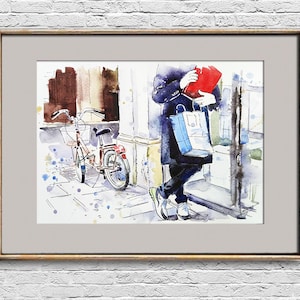 Street scene sketch Shop watercolor painting Man original art Bike cityscape wall art Town artwork gift to friend