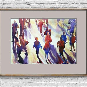 People watercolor painting Silhouette original art Modern figures wall art Big city scene artwork Contemporary everyday life gift for boss
