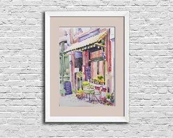 Watercolor painting provence house Town old shop original wall art Architecture details artwork living room decor