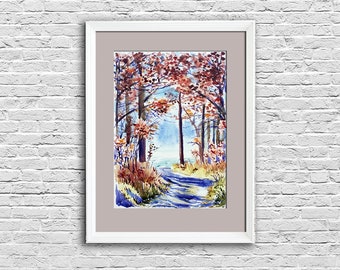 Trees watercolor painting Forest road original art Path landscape wall art Nature artwork Branches scenery Room decor gift for boss