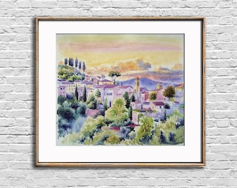 Toskana Aquarell Malerei Italien Häuser Original Kunst Mediterrane Landschaft Wand Kunst Altstadt Kunstwerk Geschenk für Eltern