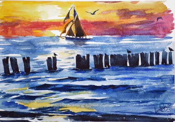 Sunset Sea Seascape Sailboat Watercolor Painting Marine Nautical Original Colorful Picture Interior Wall Art Gift Decor