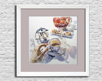 Coffee cake watercolor painting Cafe original Still life glass of wine wall art Kitchen artwork Restaurant Cups table food drinks chef gift