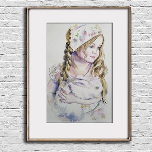 Little girl with rabbit watercolor painting Cute bunny original art Child pet wall art Kid artwork Сhildren decor Mother&#39;s gift