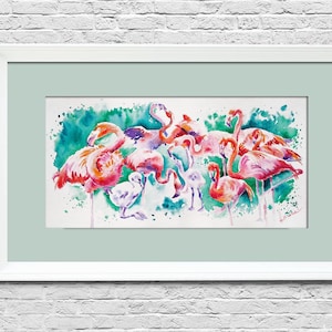 Dipinto ad acquerello di fenicotteri Uccelli tropicali originale Arte murale della fauna selvatica Opera d'arte colorata Decorazione in corallo turchese regalo per sorella
