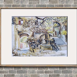 Italia centro storico acquerello dipinto scena di strada arte originale paesaggio urbano retrò arte murale opera d'arte architettura regalo di nozze vintage