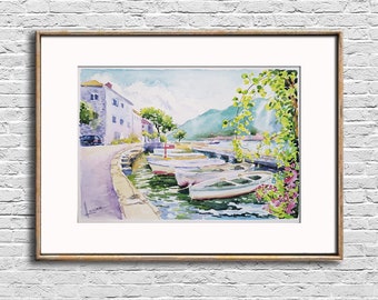 Peinture à l'aquarelle de bateaux, art mural méditerranéen original de la côte italienne, oeuvre d'art paysage, cadeau de décoration de bureau pour chambre, voyage à la maison pour papa