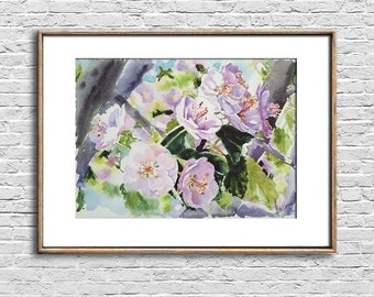 Roze bloemen aquarel schilderij bloeiende tak originele bloeiende boom kunst aan de muur bloesem kunstwerk bloemendecor cadeau voor zus