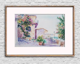 Mediterranean watercolor painting Old town street original Coastal wall art House artwork living room decor