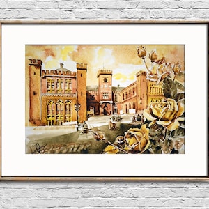 Acquerello di vecchia architettura, edificio retrò, arte originale, arte murale con rose vintage, opera d'arte di città europea, regalo per il capo