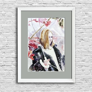 Menina com guarda-chuva pintura aquarela chuva arte original vermelho cinza mulher arte de parede moderna arte feminina presente para amigo