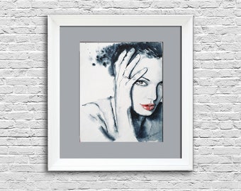 Red lips watercolor painting Black and white girl portrait original art Woman face wall art Modern feminine artwork gift